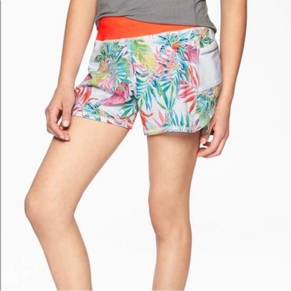 Athleta Tropical Print Shorts Side Pockets Attached Underwear Size Large (12) - Picture 1 of 9